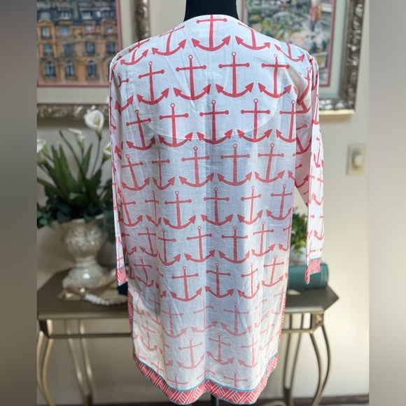 ECOACCENTS CASUAL BEACH POOL NAUTICAL ANCHOR PEACH & WHITE TUNIC COVERUP SZ M - Picture 4 of 7